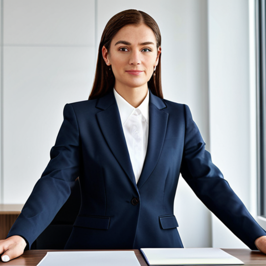 ** A professional businesswoman in a modest business suit, sitting at a desk in a modern office, fully clothed, appropriate attire, safe for work, perfect anatomy, natural proportions, professional photography, high quality.

**