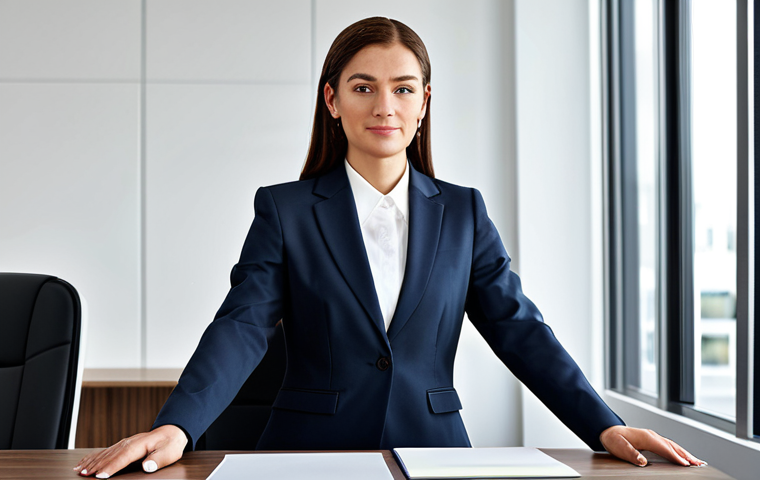 ** A professional businesswoman in a modest business suit, sitting at a desk in a modern office, fully clothed, appropriate attire, safe for work, perfect anatomy, natural proportions, professional photography, high quality.
**