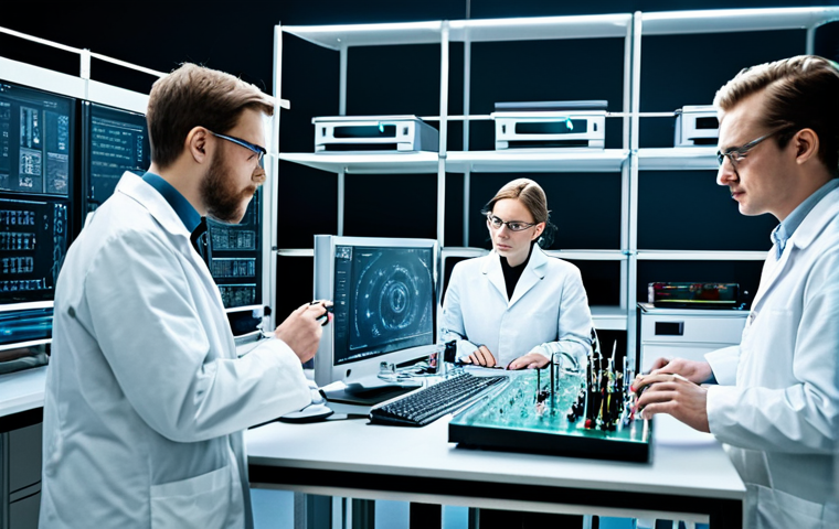 양자컴퓨터 개발 기업 IBM D Wave Rigetti - **
"A team of scientists in a modern laboratory, working on quantum computing hardware, fully cloth...