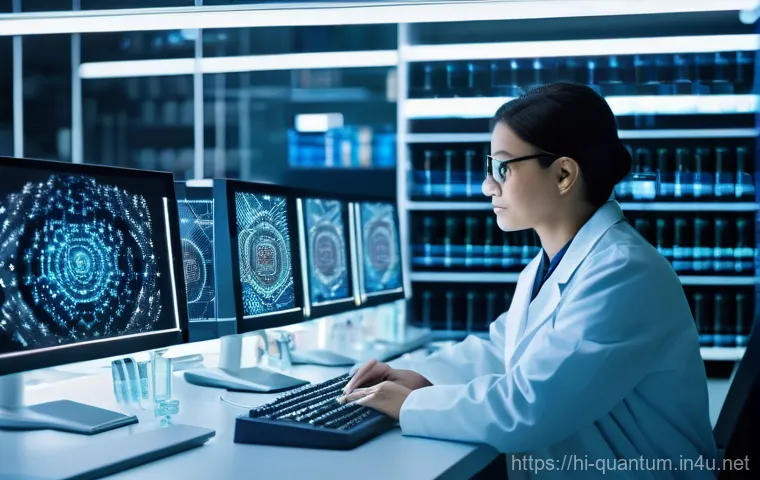 양자컴퓨터를 이용한 데이터 분석 - **Prompt:** A futuristic, sleek quantum computing interface displaying complex data analysis. The sc...