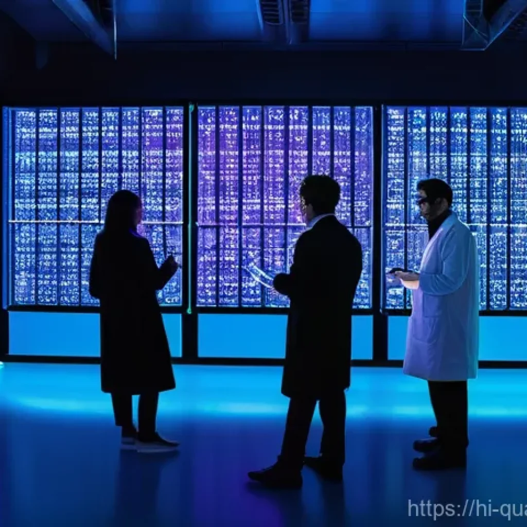 양자컴퓨터의 사회적 영향 - **Prompt 1: The Dawn of Quantum Discovery**
A vibrant, ultra-modern quantum computing lab filled...