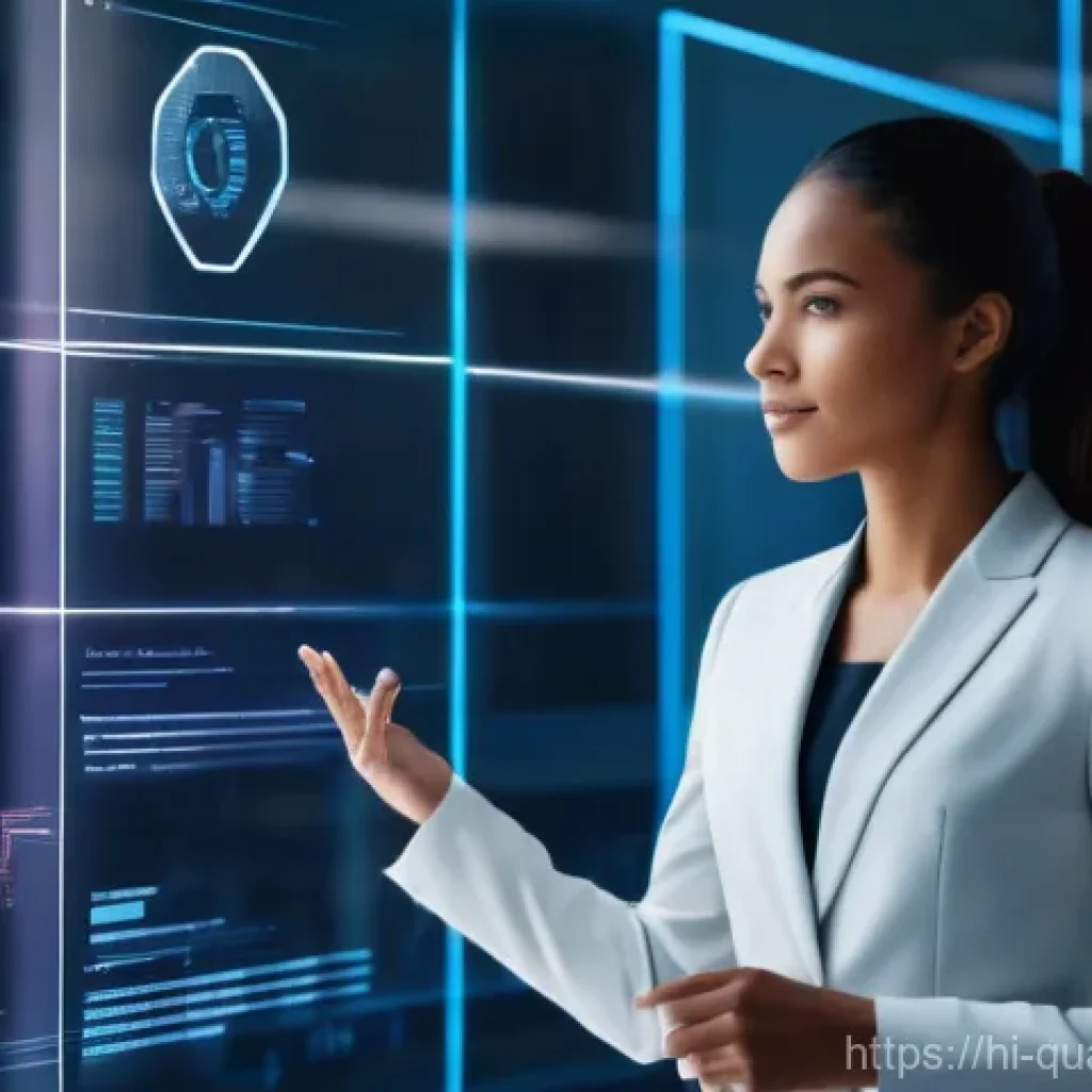 양자암호화의 응용 사례 - A vibrant, futuristic office environment with a diverse young female professional in her late 20s, w...