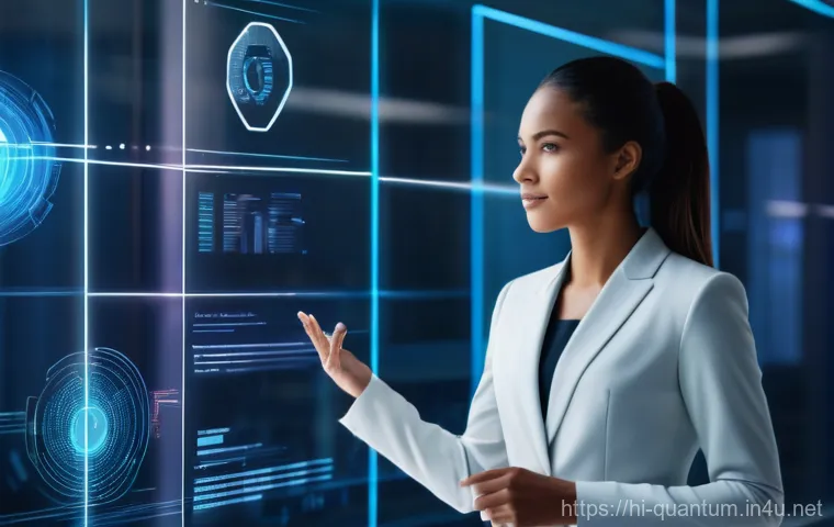 양자암호화의 응용 사례 - A vibrant, futuristic office environment with a diverse young female professional in her late 20s, w...