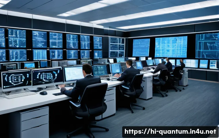 양자암호화의 인프라 구축 - **A secure government communication center:** "A brightly lit, high-tech government communication ce...