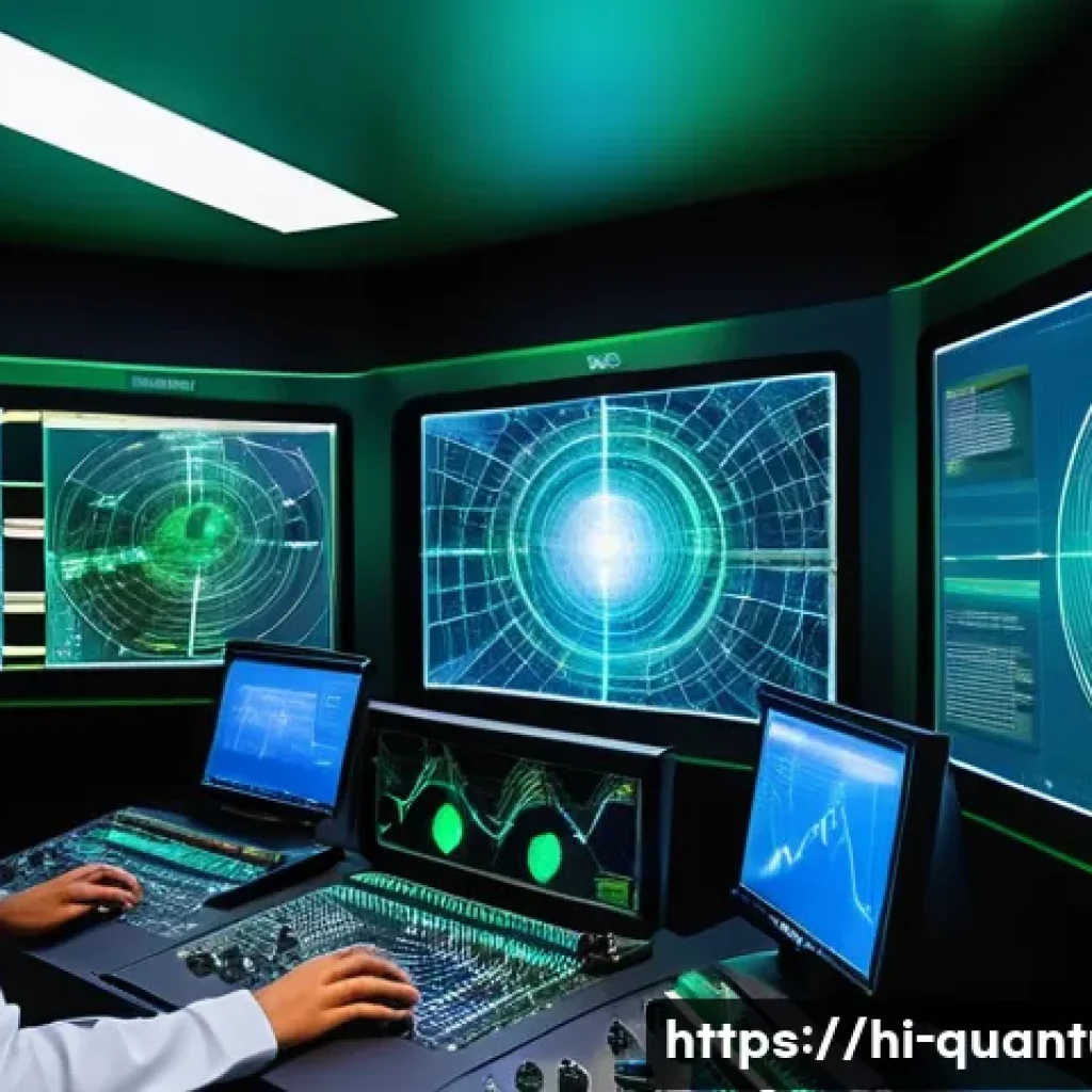 양자통신 네트워크 - A futuristic quantum communication network control room with scientists of Indian ethnicity analyzin...