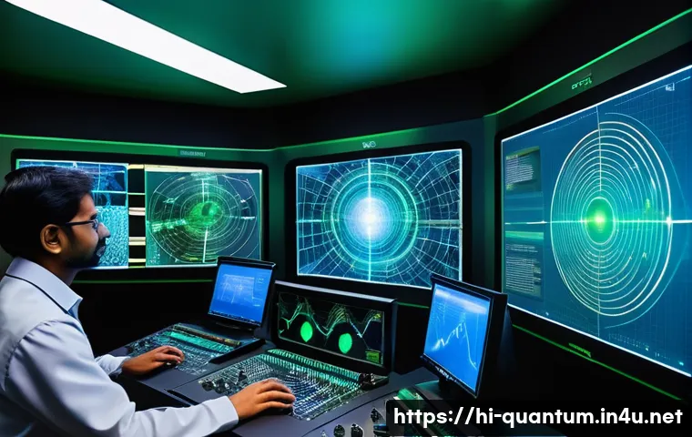 양자통신 네트워크 - A futuristic quantum communication network control room with scientists of Indian ethnicity analyzin...
