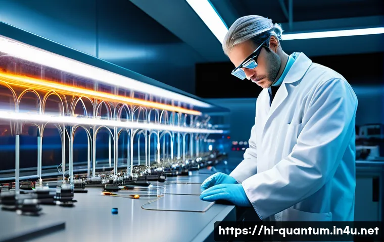 슈퍼전도체와 양자컴퓨터 - A highly detailed futuristic laboratory scene showcasing a scientist observing a superconducting wir...