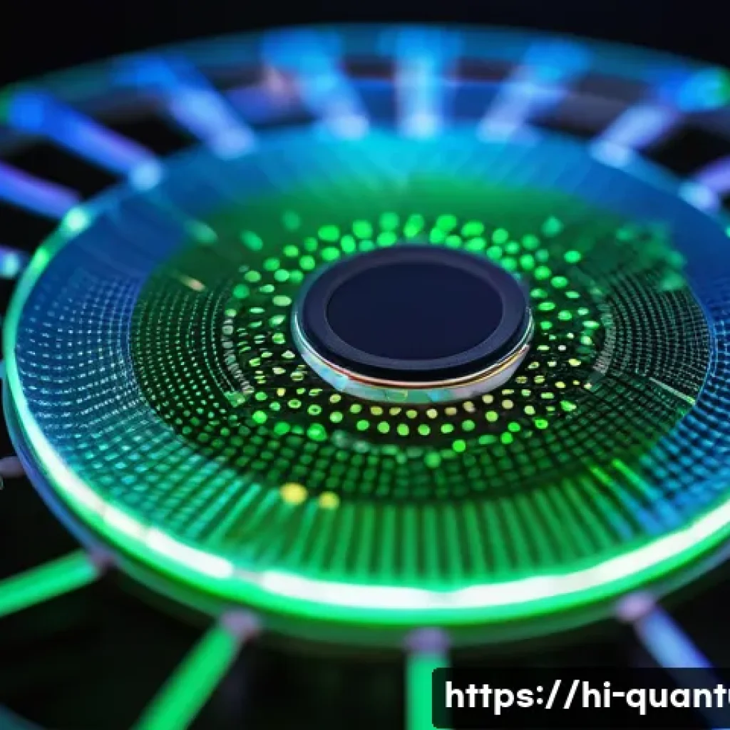 양자센서 기술 - A highly detailed close-up of a quantum sensor device operating in a laboratory setting, showcasing ...
