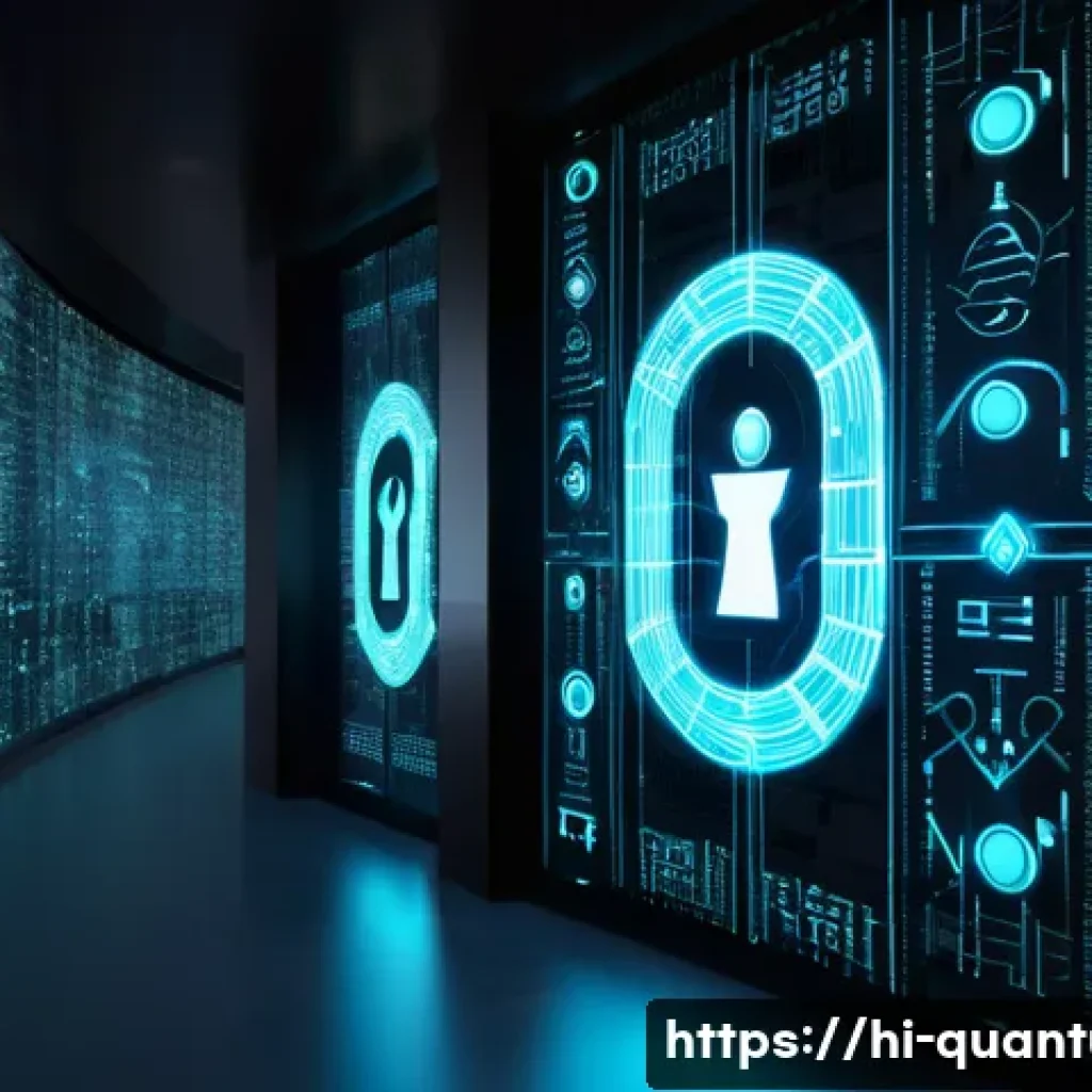 양자컴퓨터의 윤리적 문제 - A futuristic scene depicting the power of quantum computing impacting data security: a sleek, glowin...