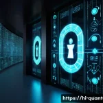 Home 19 양자컴퓨터의 윤리적 문제 - A futuristic scene depicting the power of quantum computing impacting data security: a sleek, glowin...