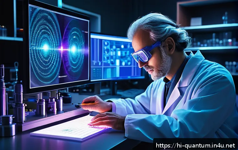 양자광학과 물리학 - A highly detailed digital illustration of a quantum optics laboratory scene, showcasing a scientist ...