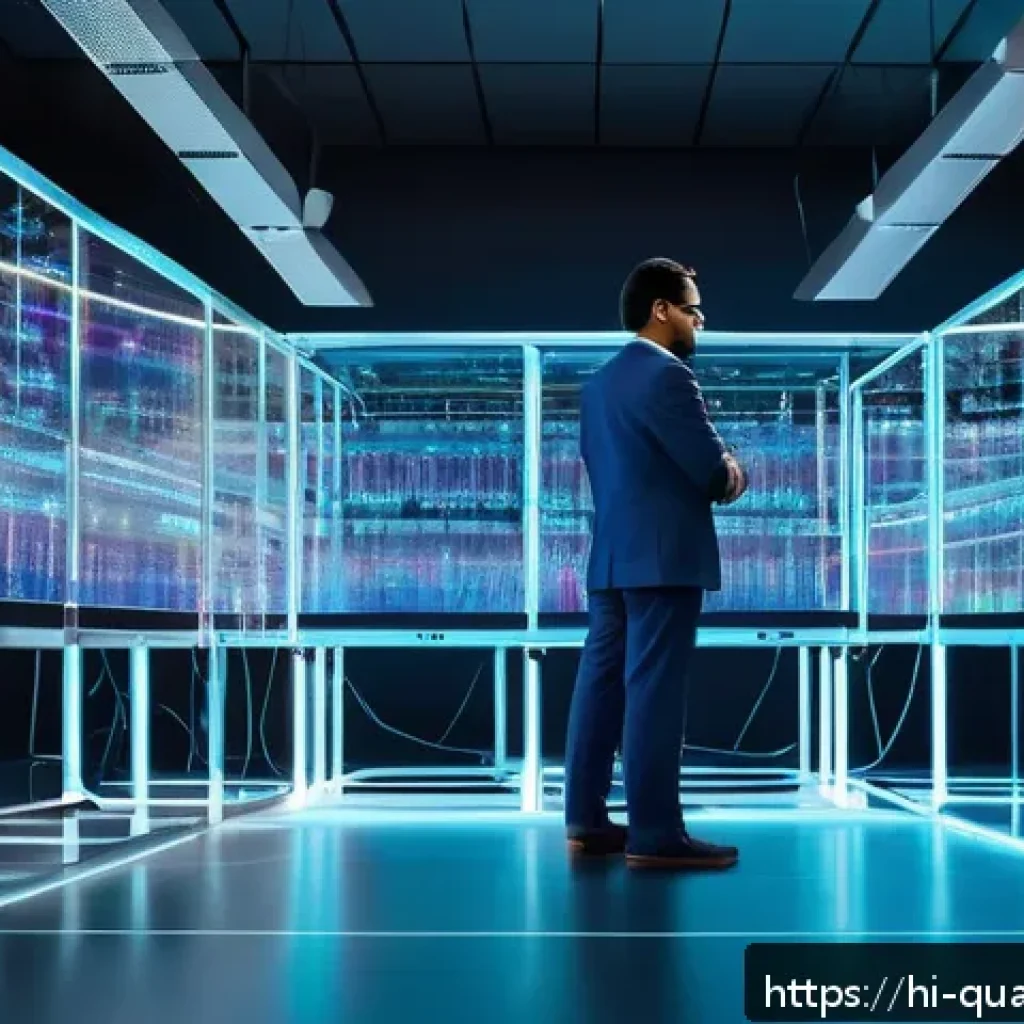 양자컴퓨터의 혁신적 발전 - A futuristic and visually striking quantum computing laboratory scene, showcasing a large transparen...