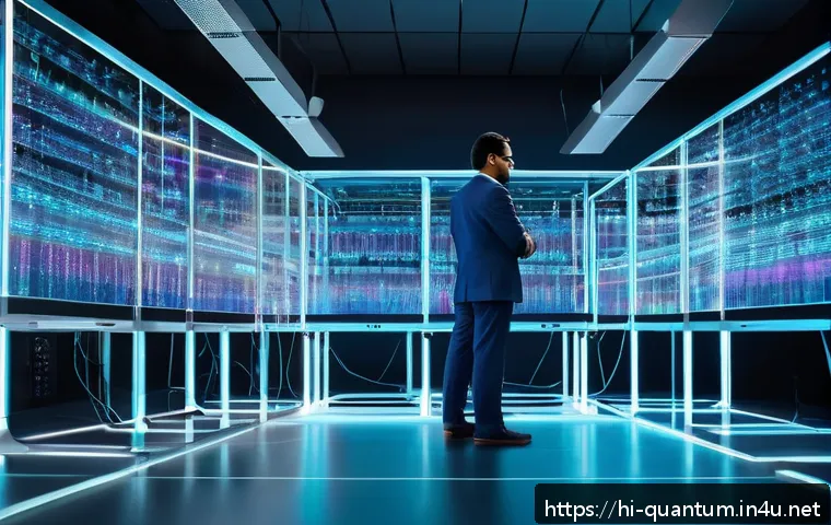 양자컴퓨터의 혁신적 발전 - A futuristic and visually striking quantum computing laboratory scene, showcasing a large transparen...