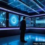 Home 23 양자통신 장비 - A futuristic laboratory scene showcasing advanced quantum communication devices, including fiber opt...
