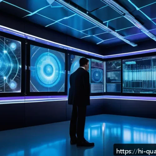 Home 17 양자통신 장비 - A futuristic laboratory scene showcasing advanced quantum communication devices, including fiber opt...
