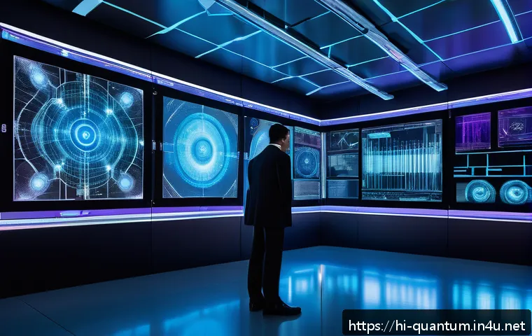 양자통신 장비 - A futuristic laboratory scene showcasing advanced quantum communication devices, including fiber opt...