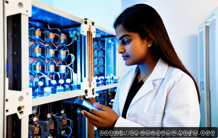 양자컴퓨터를 위한 하드웨어 혁신 - Photorealistic quantum computing hardware laboratory, Indian female engineer in a clean lab coat car...